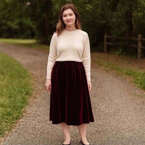 Buffums Vintage Burgundy Velvet Velour A-Line Midi Skirt Sz 10 - Picture 1 of 7